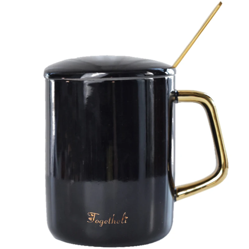 

Luxury Black Ceramic Coffee Mugs Gold Handle Nordic Style White Couple Mugs Metal Spoon Filizanki Do Kawy Espresso Mug EA60MK