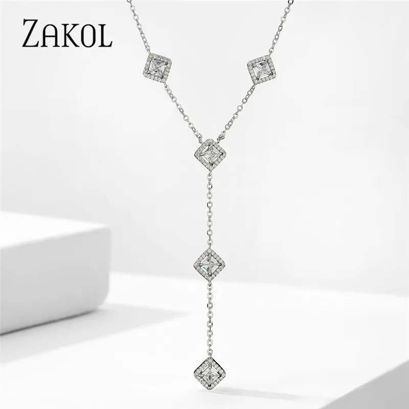 

ZAKOL 2021 New Luxury Square Cubic Zirconia Charm Y Shape Long Choker Necklace for Women Wedding Jewelry Bijoux Femme