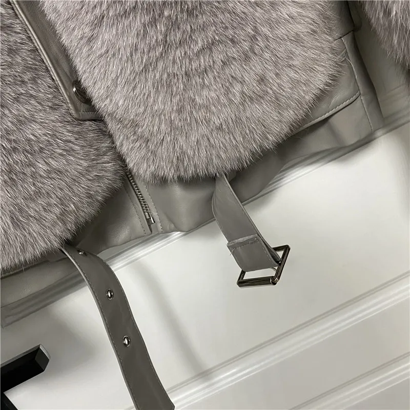 Winter Women Real New whole Skin Fox Fur Coat WIth Sheepskin Collar Short Suit  Commuter Parkas Streetwear Thick Warm for 2021