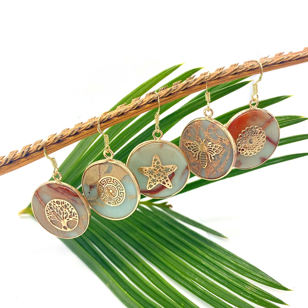 

1pair Shoushan Stone Round Multi-color Edging DIY Jewelry Making Accessories Natural Stone Chinese Fashion Earrings for Women