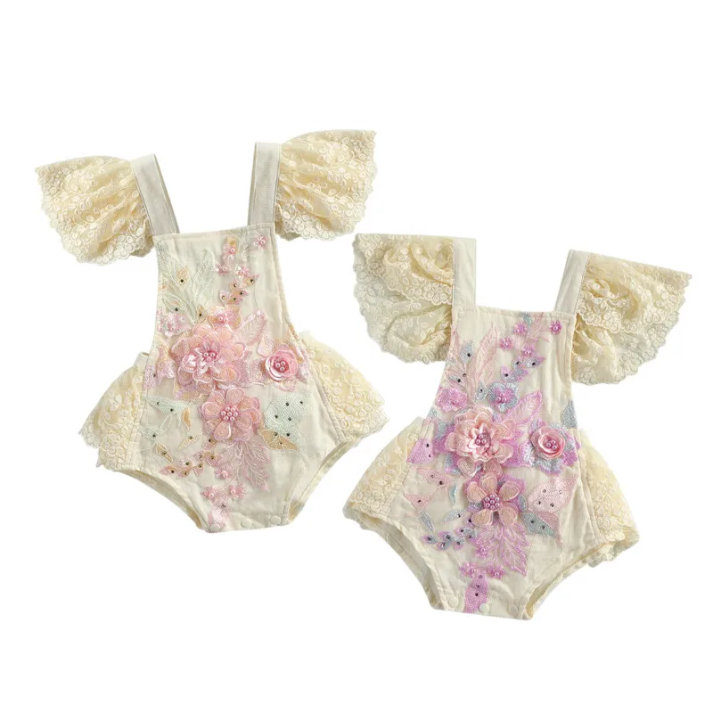 

2021 Newborn Crochet Lace Romper Princess Kids Flower Lace Loose Fly Sleeve Square Collar Tie-up Playsuit Birthday Party 0-24M