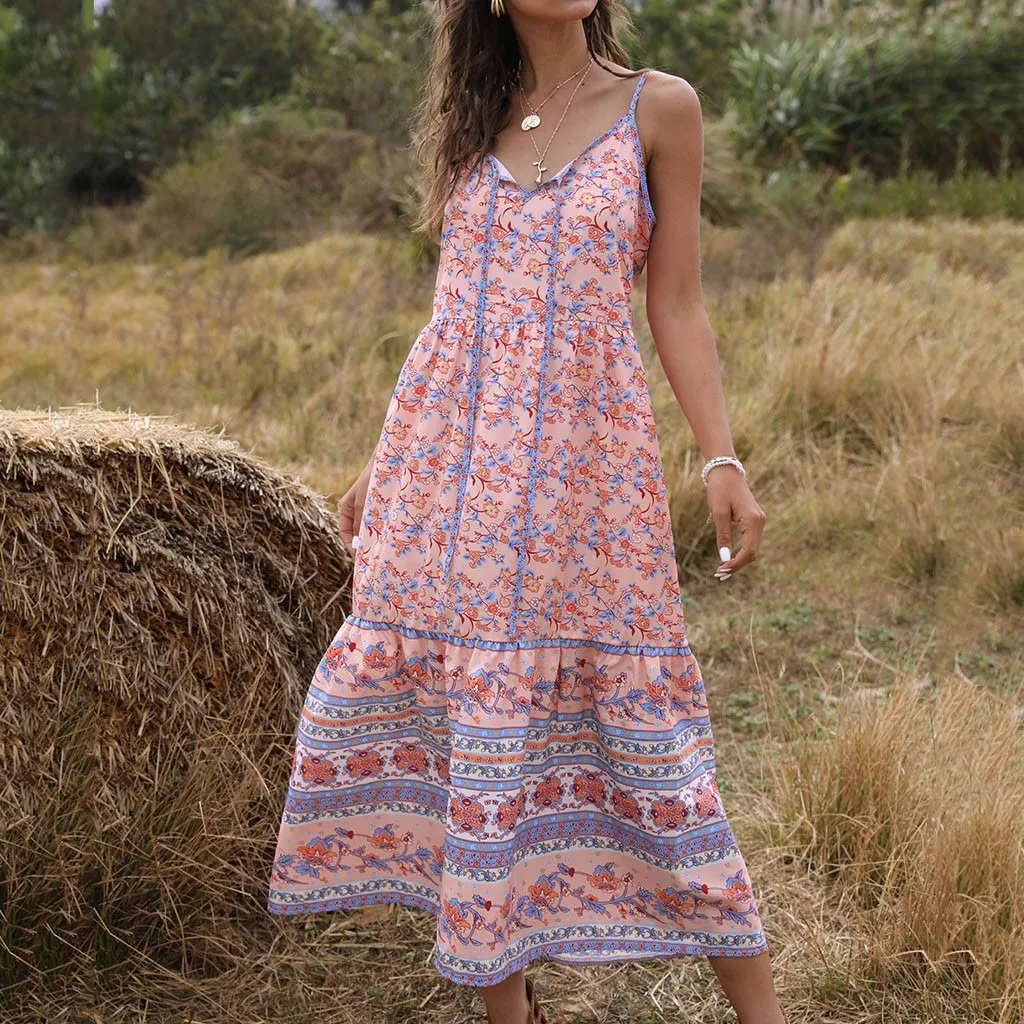 Женское платье весна-лето однотонное свободное на бретелях с v-образным вырезом