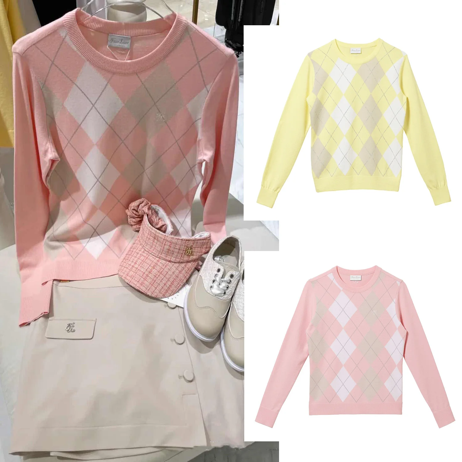 

Женские рубашки для гольфа, вязаный клетчатый тонкий свитер с круглым вырезом и длинным рукавом, Осень-зима 2021