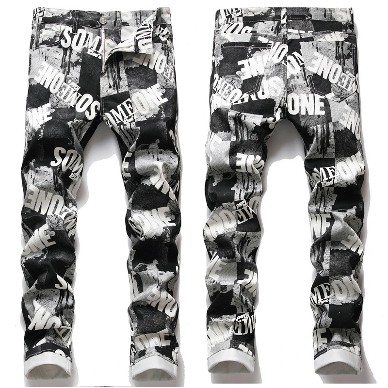 

Мужские джинсы стрейч с полным принтом, уличная мода, мужские повседневные джинсы, всесезонные длинные брюки в стиле хип-хоп