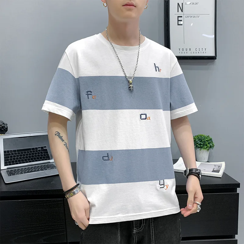 

Men's short sleeve T-shirt 2021 summer new fashion brand loose stripe half sleeve spring and autumn men's Fashion Top comfortabl
