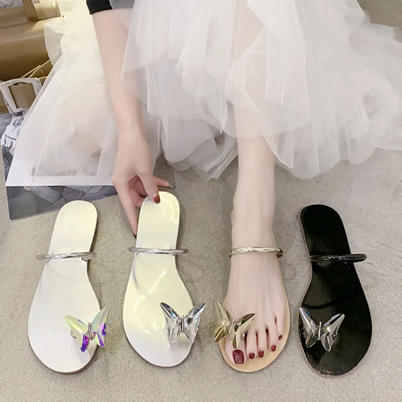 

Fashion New Summer Women Flip Flops 2021 Slippers Butterfly Shiny Luxury Sandals Women Designers Outdoor Holiday Slides Shoes