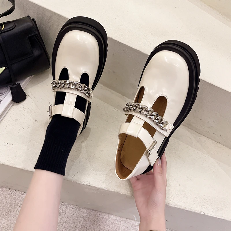 

2021 Women Platform Oxford Shoes British Style Chain Designer Office Leather Shoes Autumn Black Beige Casual Loafers Women Flats