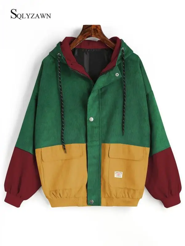 

Женская Вельветовая куртка в стиле пэчворк, осенняя Женская куртка с длинным рукавом, женская верхняя одежда с карманами на молнии, пальто