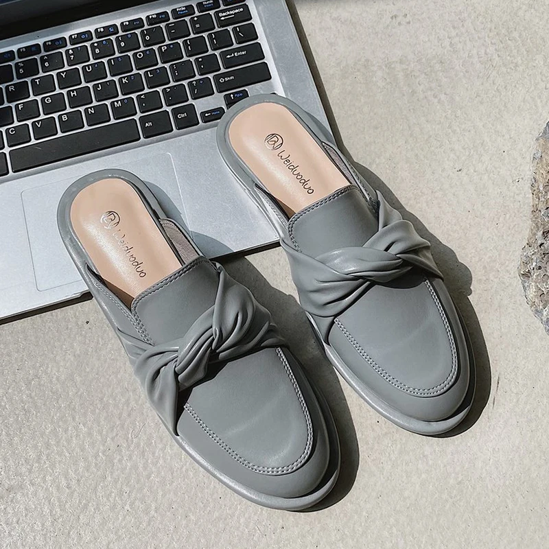 

Women Mules Shoes Closed Toe Beige Leather Slippers Ladies 2021 Spring Summer Slide Shoes Fashion Elegant Women Slippers
