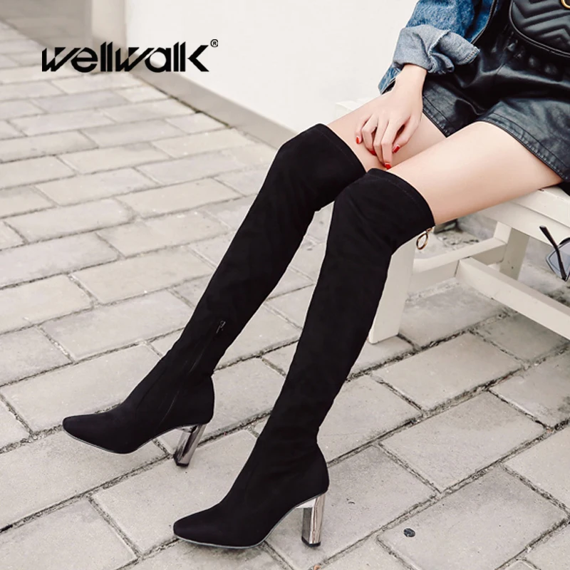 Wellwalk/высокие сапоги из эластичной ткани женские ботфорты искусственной замши на