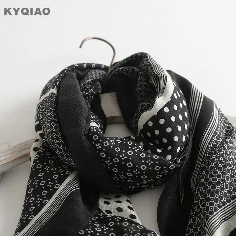 KYQIAO черный шелковый шарф Элитный бренд женский платок на голову женская на осень-зиму Мексика Стиль хиппи в этническом стиле с длинными рукавами и рисунком шарф, кашне