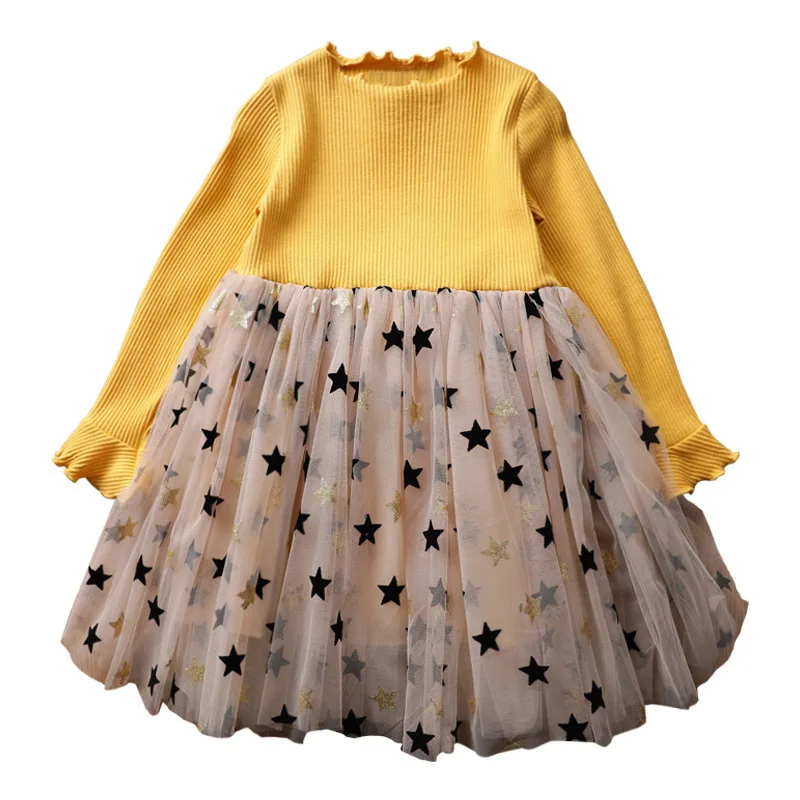 

2022 Spring Nw Dress Occident Girls Princess Long Sleeved Dress 3-8T Girls Star Star Mesh Tutu Dress Children's Skirt