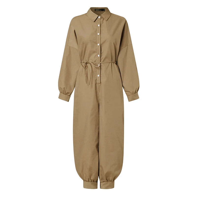 2021 New Cargo Jumpsuit Women Long-sleeved Belt Retro Autumn 2021 Lapel Solid Color Casual Jumpsuit Button Work Clothes Women