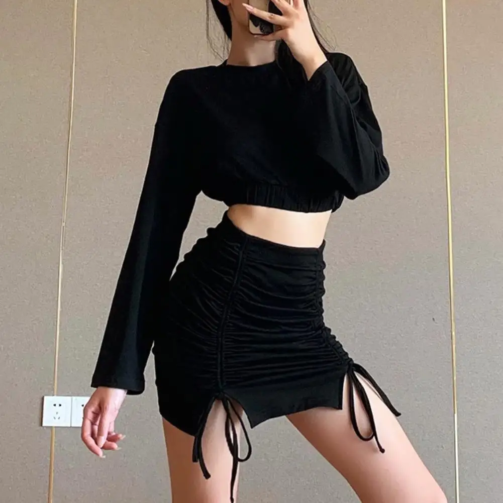 

80% HOT SALES!!! 2Pcs Women Sexy Long Sleeve Crop Top Ruched Side Drawstring Skirt Bodycon Dress
