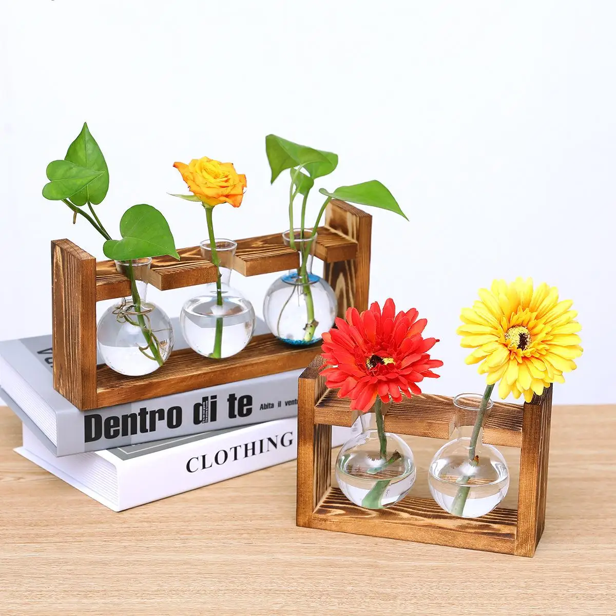 

Creative Wooden Frame Water Culture Glass Vase Green Plant Flower Ware Office Home Gardening Table Decoration Flowers Pot