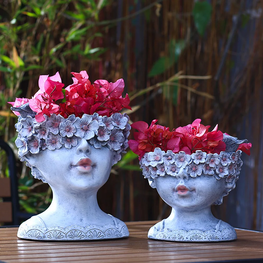 

Solar Vase Garden Decorative Resin Flowerpot Succulent Plant Pot Girl Head Statue Courtyard Outdoor Decor Funny Plant Art Vase