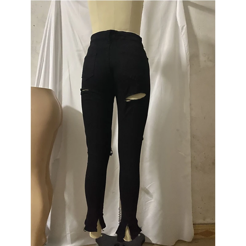 

New High Waist Holes Ripped Pencil Pants Fashion Women Solid Color Skinny Long Trousers Streetwear Fashion Ladies Bottoms Pants