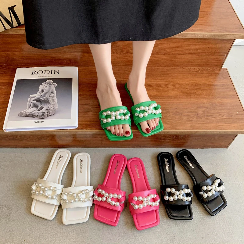 

Slippers Casual Shoes Slipers Women Slides Low Square Toe String Bead Luxury Soft Flat 2021 Summer Rubber PU Slippers Women Summ
