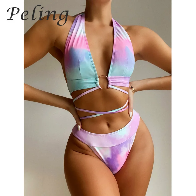 

Deep V-Neck Tie Dye Women's Swimsuit Halter Two Pieces Sets Sexy Push Up Bandage Bikinis High Waist Bathing Suit Summer Swimwear