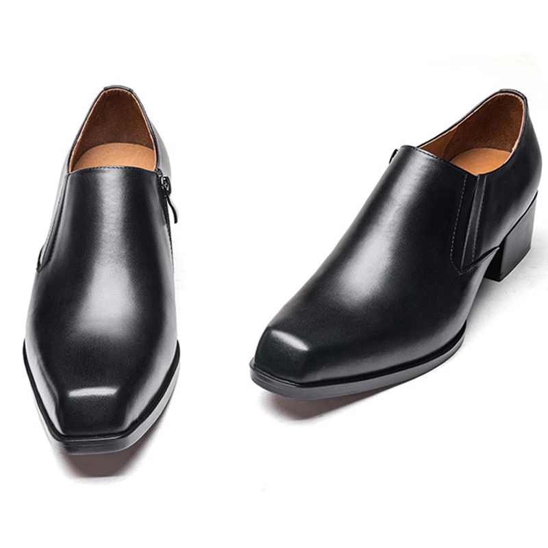 

New Elegant Genuine Leather Men's Formal Dress High Heels (5cm) Shoes Square Toe Slip on Casual Man Outdoor Loafers JNS117