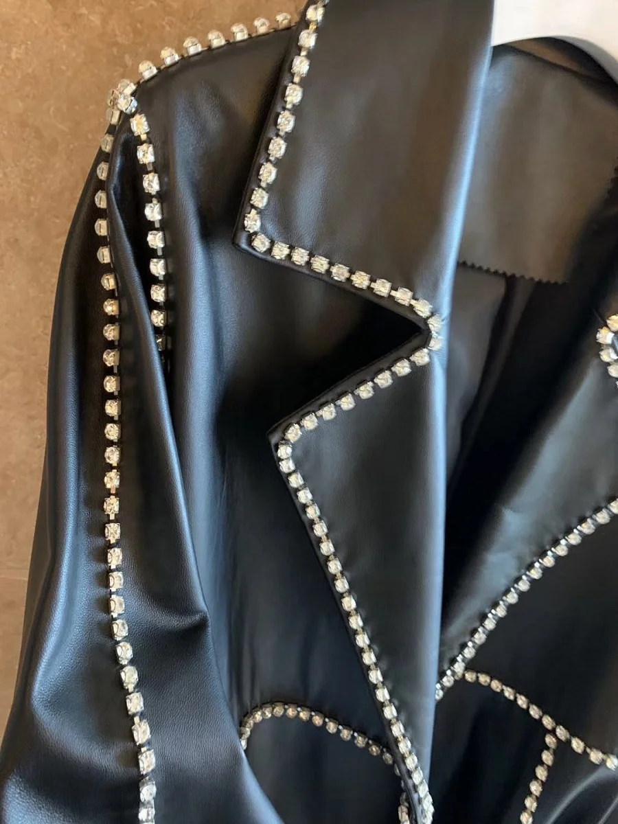 

craftsmanship, Big brand, heavy tassels, diamonds, ladies, leather jacket 2021New winter long sleeves, long trench coat