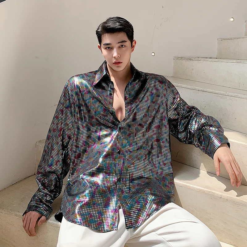 

Рубашка мужская с длинным рукавом, модная шикарная уличная одежда в Корейском стиле, топ из блестящего материала, свободная повседневная сц...
