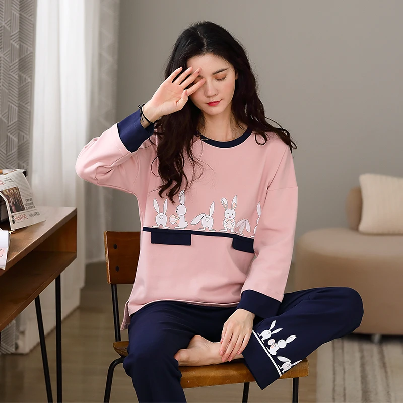 Пижамный комплект с милым принтом кролика Женская хлопковая одежда для сна