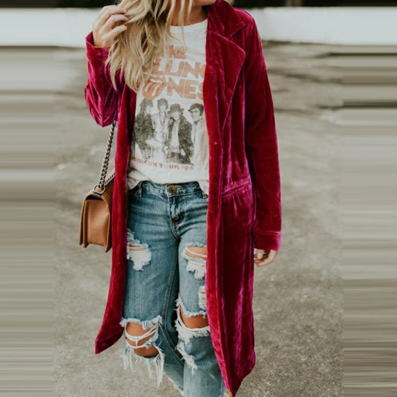 

New Fashion Fall Winter Women Lapel Cardigan Buttons Long Jacket Casual Solid Color Golden Velvet Office Lady Elegant Soft Coats