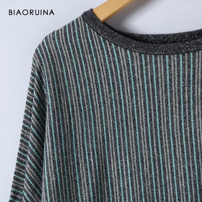 BIAORUINA Женский Повседневный тонкий вязаный свитер в разноцветную полоску с