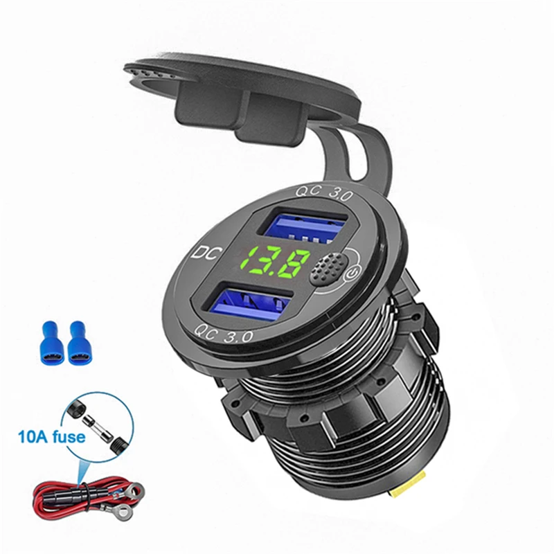 Quick Charge 3.0 36W Car Dual USB Charger QC3.0 Aluminiun Waterproof with Voltmeter Switch for 12V/24V Motorcycle Boat Marine RV |
