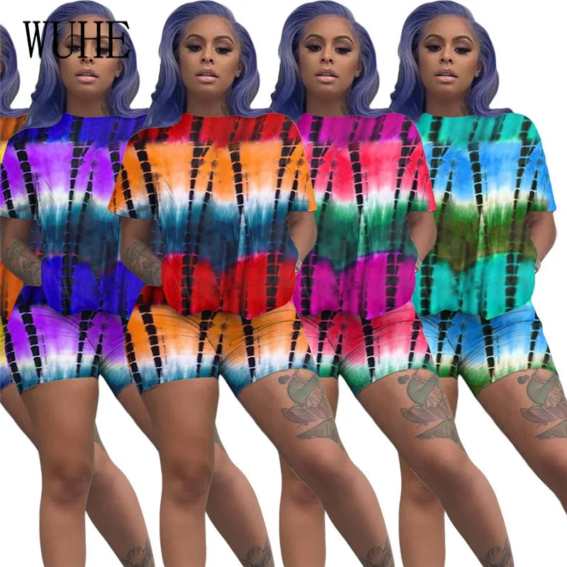 

WUHE Two Piece Set Sexy Tie Dye Print Short Sleeve Crop Top Biker Shorts Women Summer Outfits Casual Streetwear Matching Set