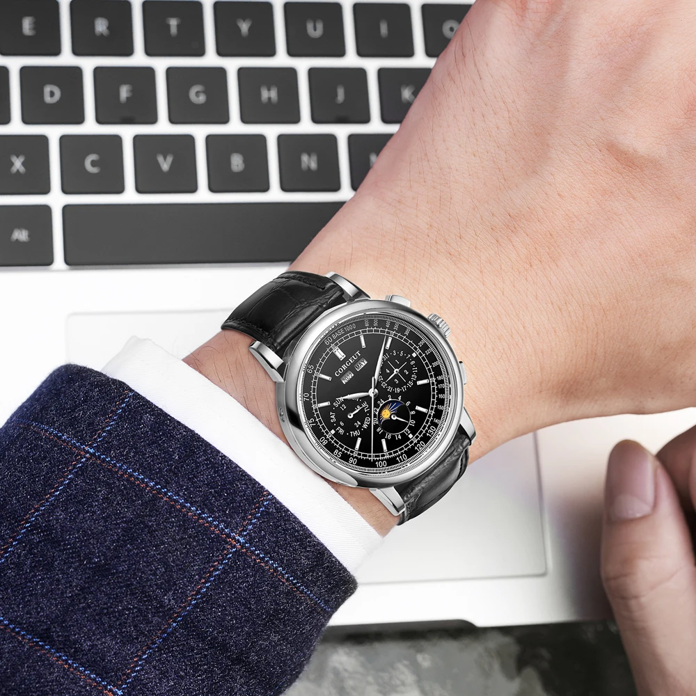 Часы мужские автоматические с белым циферблатом и календарем 42 мм|Мужские