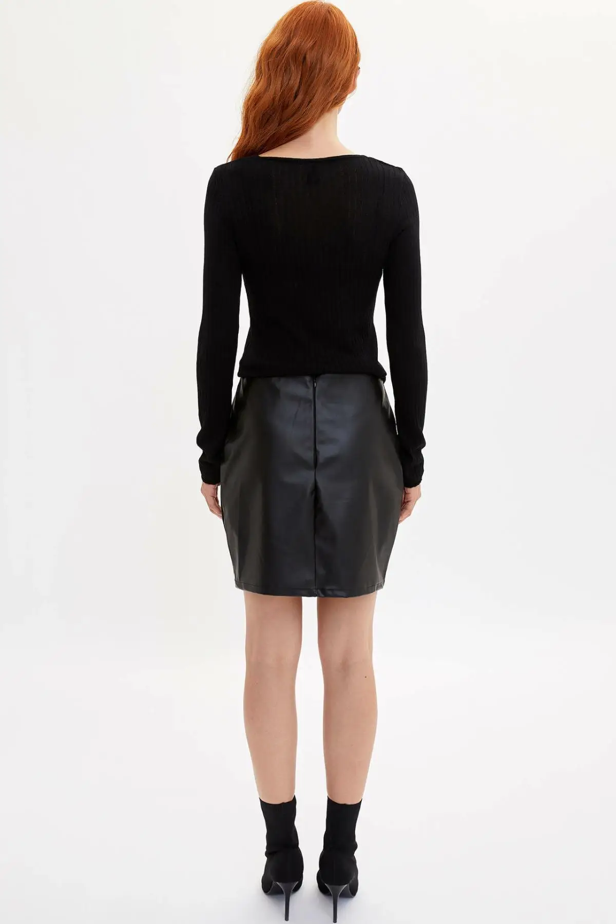 Дефакто черная леди Высокая талия из искусственной кожи джинсовые однотонные