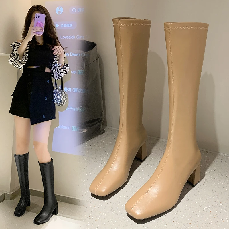 

Fashion Women Over The Knee Boots Square Toe Thick High Heels Solid Color Boots Beige Brown Black Knight Boots 2021 New Boots