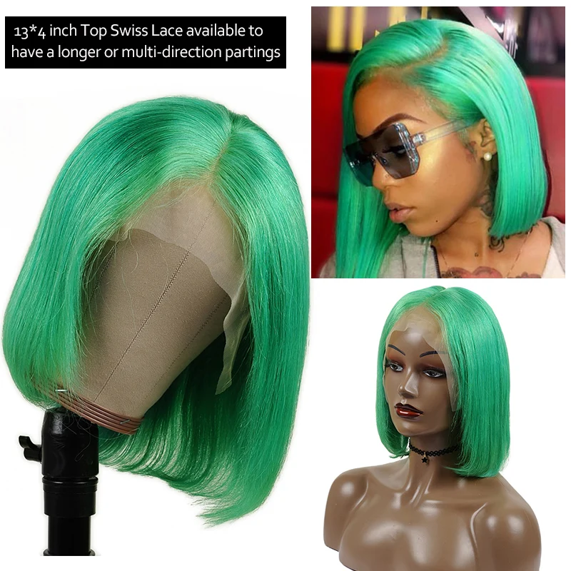 Красный зеленый прямой короткий боб парики человеческие волосы на кружеве 13х4