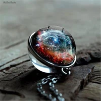 fashion retro universe spherical pendant necklace galaxy nebula double sided glass design long sweater chain ladies jewelry