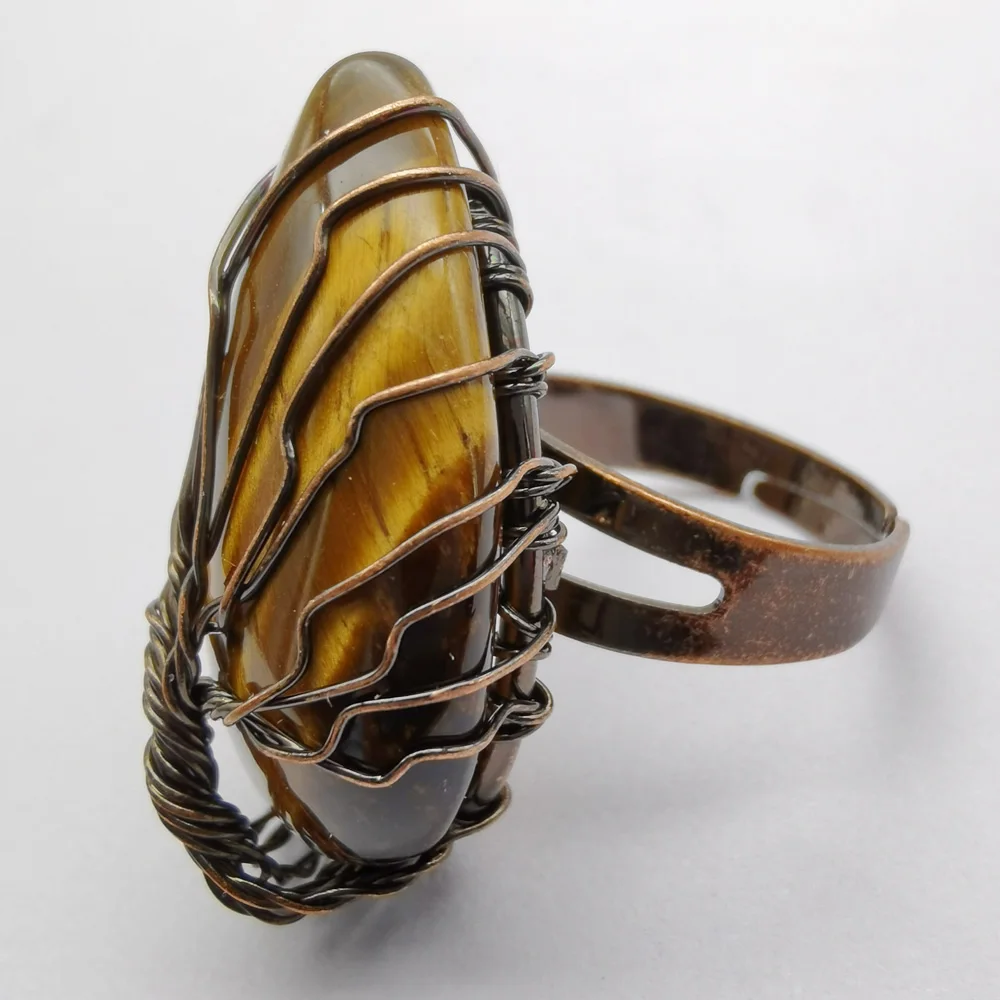 

Handmade Tree Of Life Tigereye Stone GEM Bronze Copper Wire Wrap Finger Ring Jewelry Size 8-9 X212