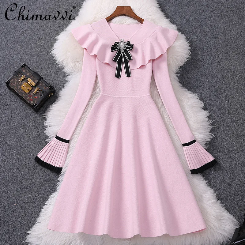 

Женское трикотажное платье-трапеция, розовое облегающее платье с длинным рукавом и оборками, весна 2021