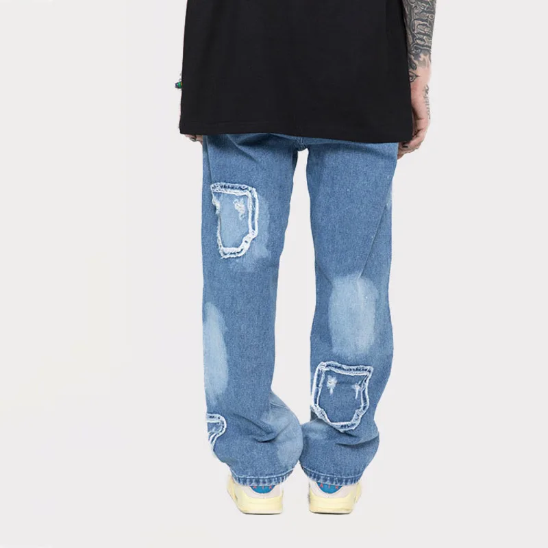 

IEFB Streetwear Baggy Jeans Mend Old Pants Light Blue Straight Casual Hip Hop 2021 American Style Couple Trousers Unisex 9D0249