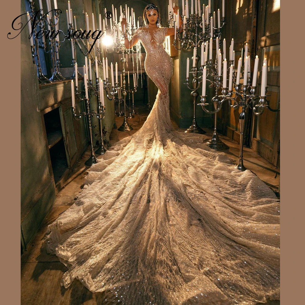 Newest Saudi Arabic Bride Dresses Luxury Crystal Beading Mermaid Long Train Formal Bridal Gowns Wedding Dresses 2021 Dubai Aibye