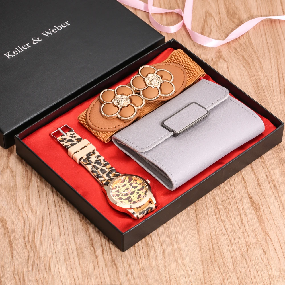 

Women's Fashion Gift Sets Ladies Bracelet Quartz Watches Elegant Red/pink Leather Wallet Female Belt Box Gift with Greeting Card