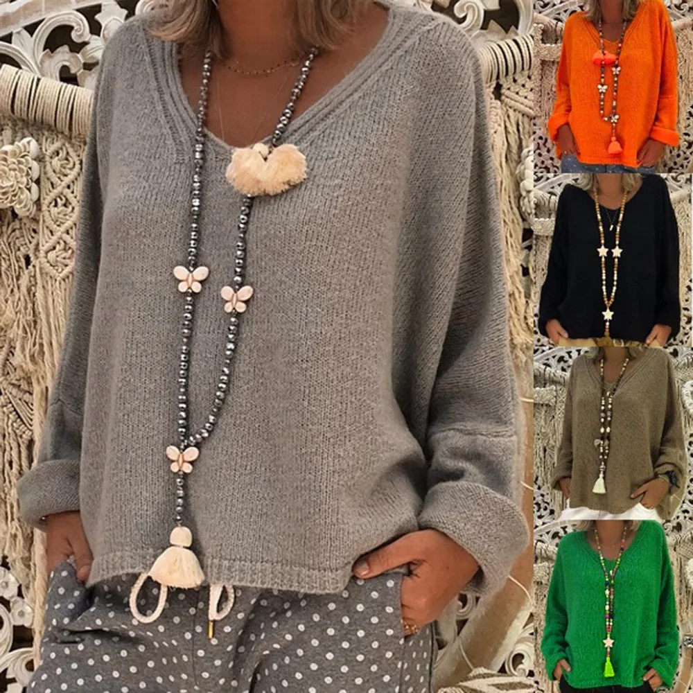 Женский свободный свитер со страусом FREE большого размера с глубоким v-образным