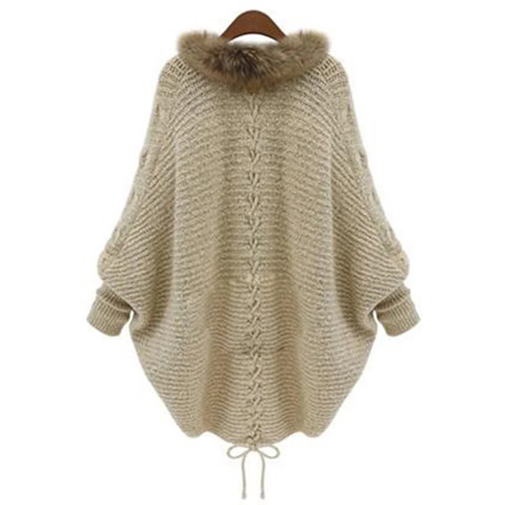Женская вязаная накидка элегантный зимний свитер кардиган с воротником из