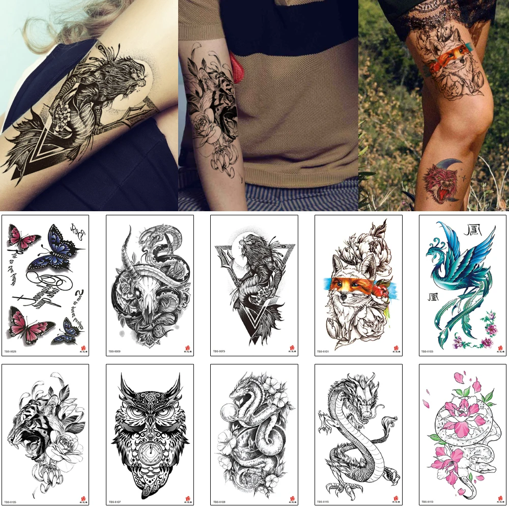 Тату стикер цветные животные бабочки тигры дракона волка лисы совы змеи дизайн