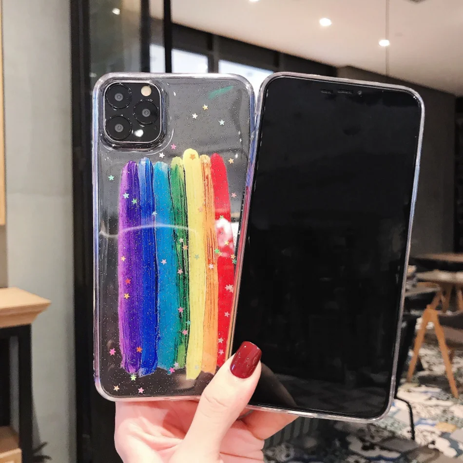 Блестящий Радужный Прозрачный чехол для IPhone 11 Pro Max телефона силиконовый милый