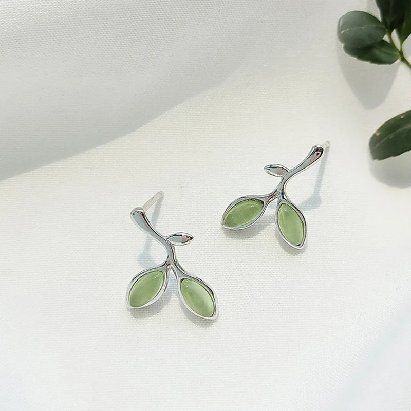 

New Opal Stud Earrings Natural Style Branch Leaf Earrings Woman Earrings Silver 925 Earrings Jewelry
