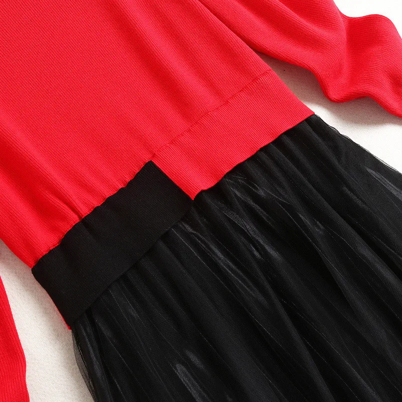 

Runway Fashion Women Fall Winter Midi Knit Sweater Dresses Long Sleeve Clothes Mesh Patchwork Casual Robe Femme Party Vestidos