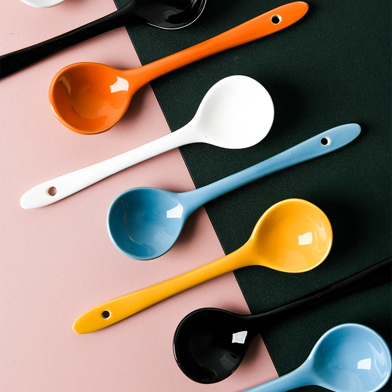 5PCS/Set Ceramic Spoon Household Mini Candy Color Round Head Fruit Sugar Dessert Ice Cream Soup ZA359 | Дом и сад