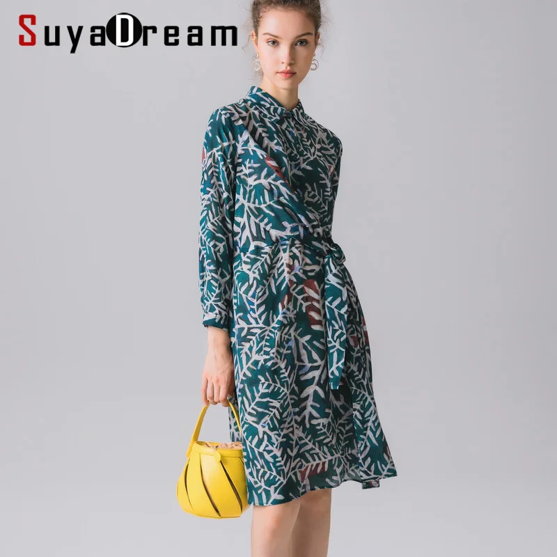Платье SuyaDream женское средней длины с длинными рукавами 100% шелк элегантное платье