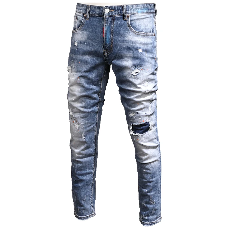 Mens Blue Ripped Patches Jeans Men Fashion Dots Printed Straight Slim Fit Pants Streetwear Cowboy Casual Denim Trousers